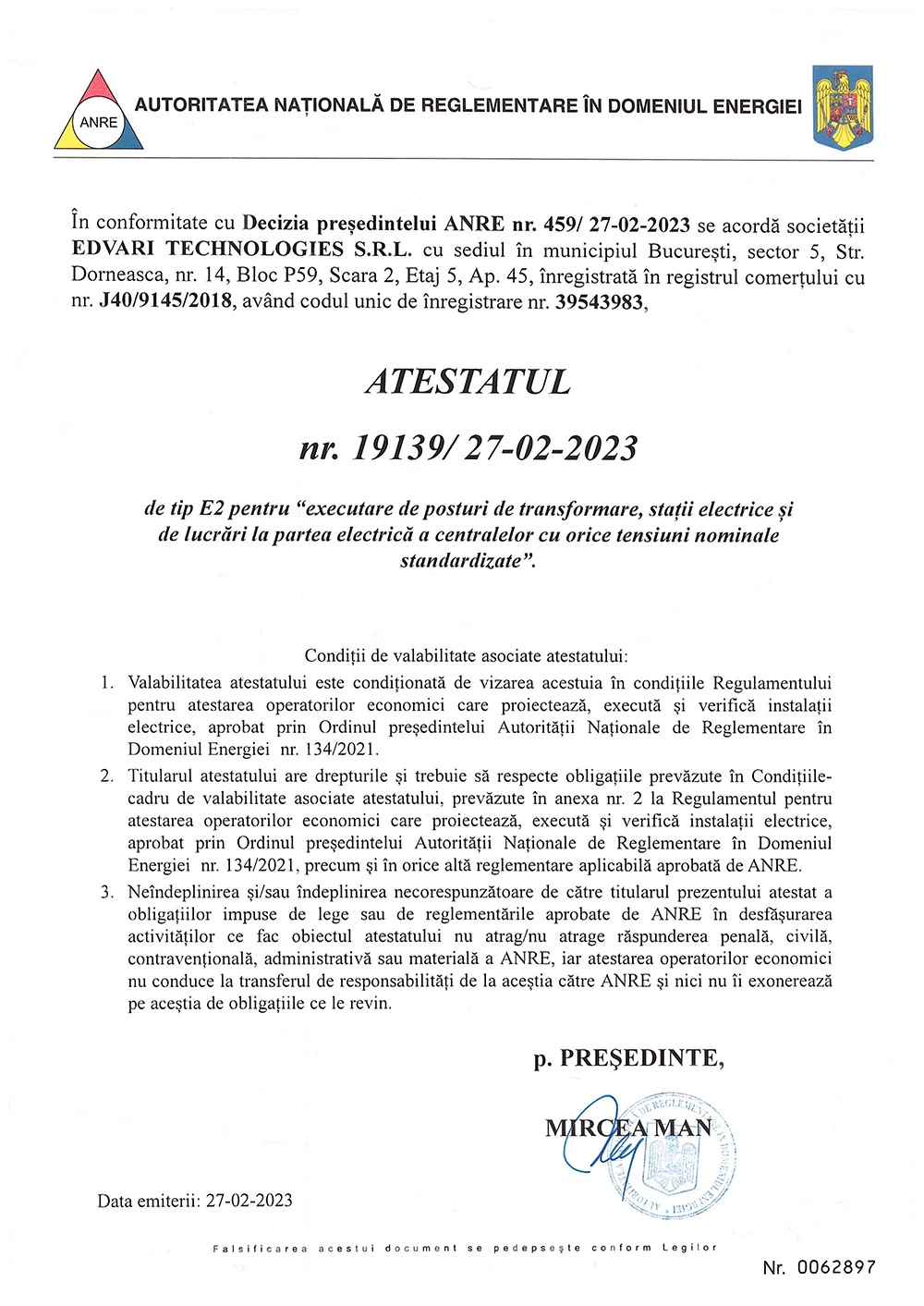 Atestat ANRE E2 pentru executare posturi de transformare