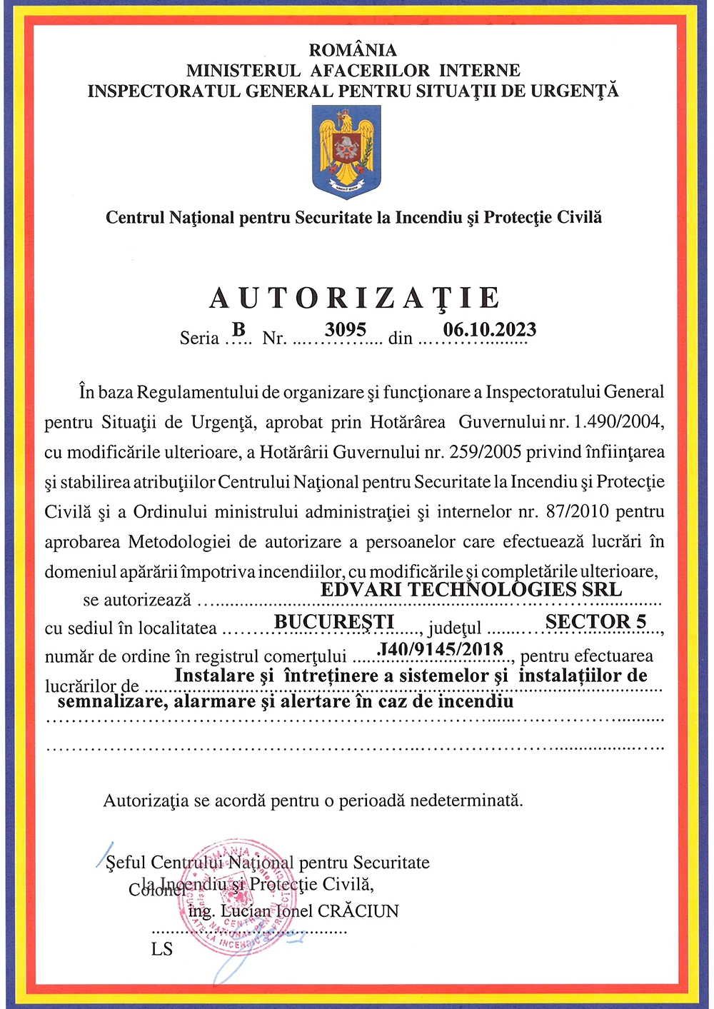 Autorizație pentru instalare și întreținere sisteme de alarmă la incendiu