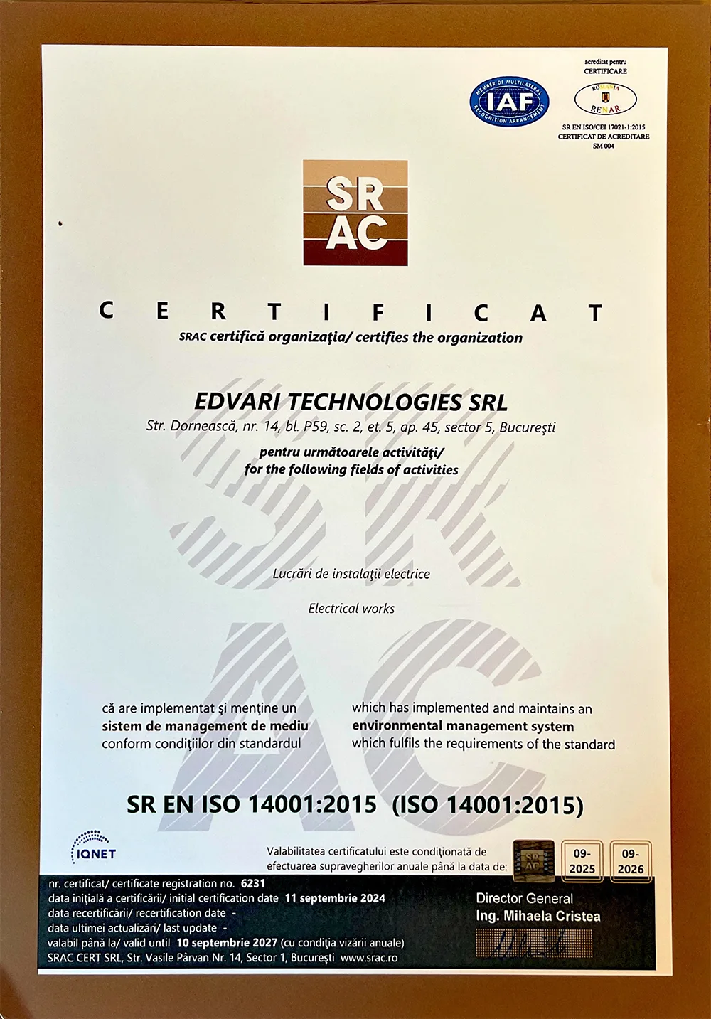 Certificat ISO 14001:2015 Sistem Management de Mediu