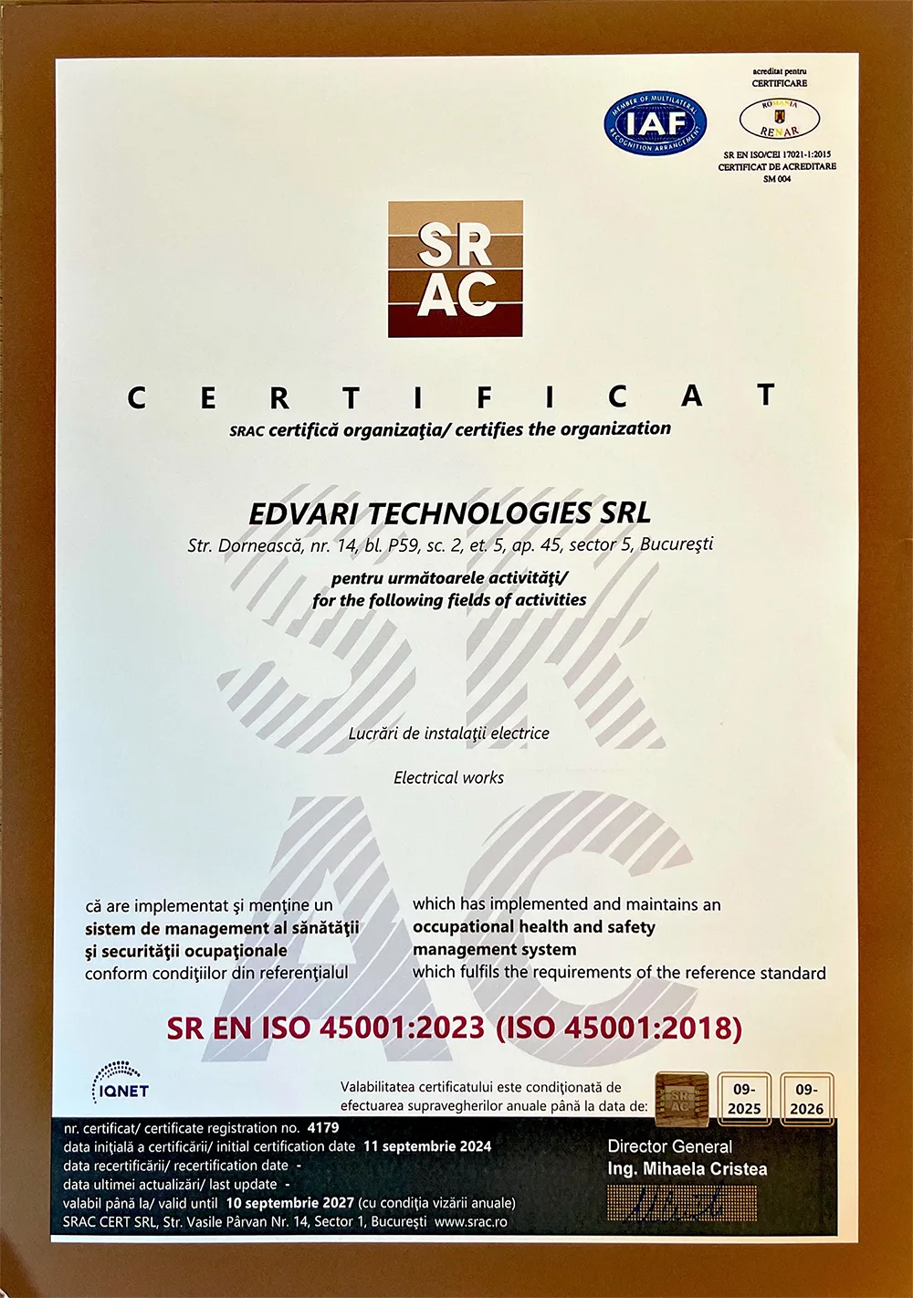 Certificat ISO 45001:2023 Sistem Management Sănătate și Securitate Ocupațională