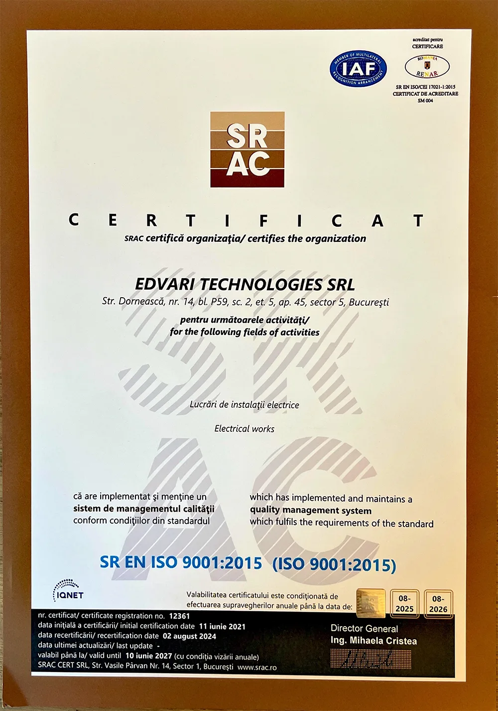 Certificat ISO 9001:2015 Sistem Management Calitate