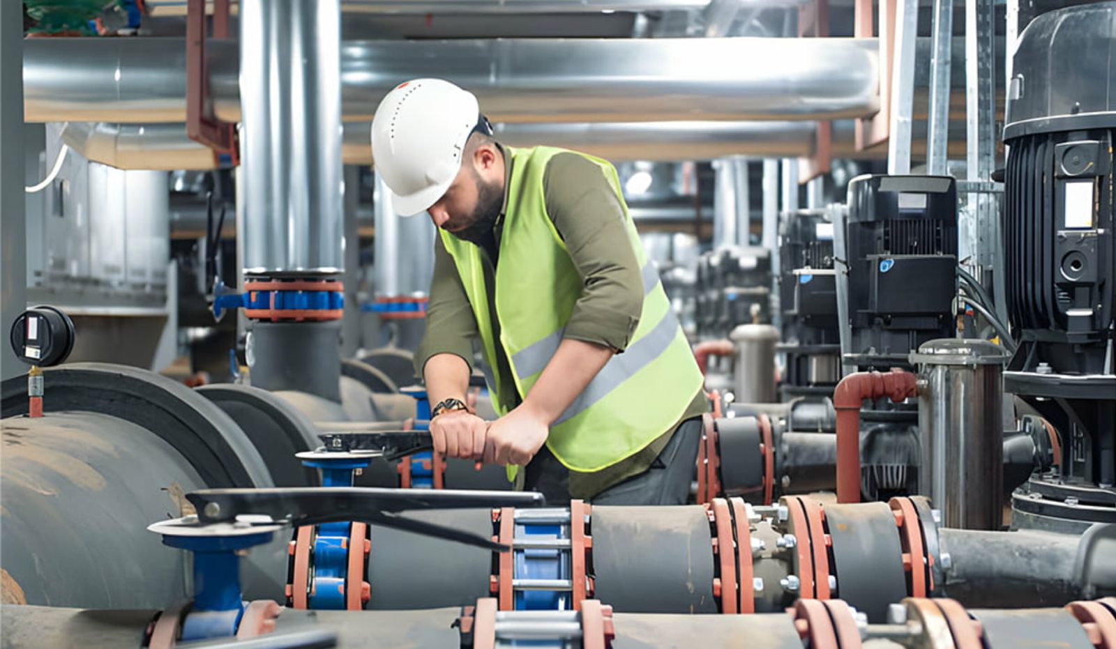 Tehnician lucrând la echipamente stații pompare Tecuci